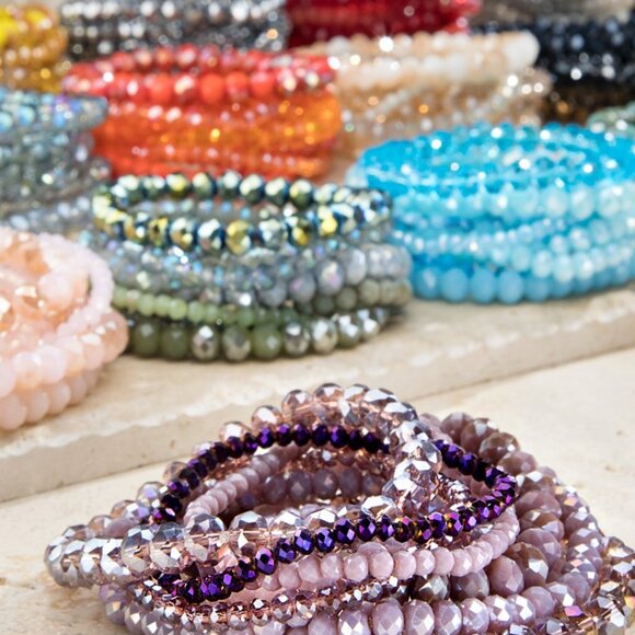 Ivory Mix 9PC NEW Glass Faceted Beaded Stretch Boho Bracelet SET - Picture 4 of 4